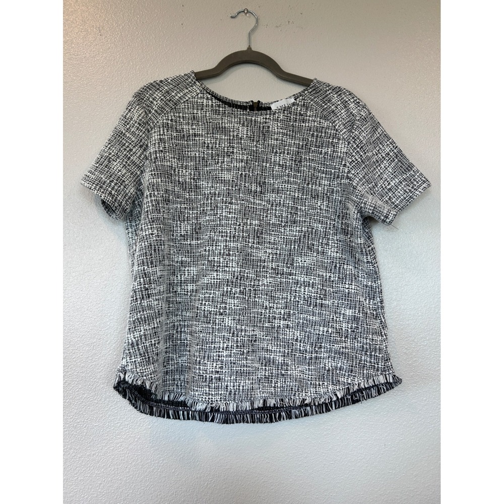 Emelia Black White Tweed Fringe‎ Hem Short Sleeve Zip Back Top TO1700 Mens M